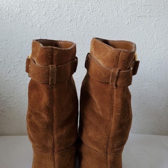 Michael Kors Logo Plate Rhea Brown Suede Boots Mid Calf Pull On Womens 5.5M US - Picture 10 of 14